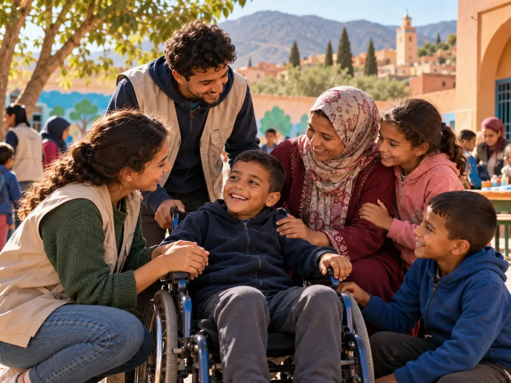 Enfant en fauteuil roulant entouré d’autres enfants et d’adultes.