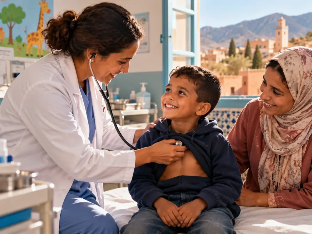 Un enfant ausculté au stéthoscope, accompagné d’une adulte.
