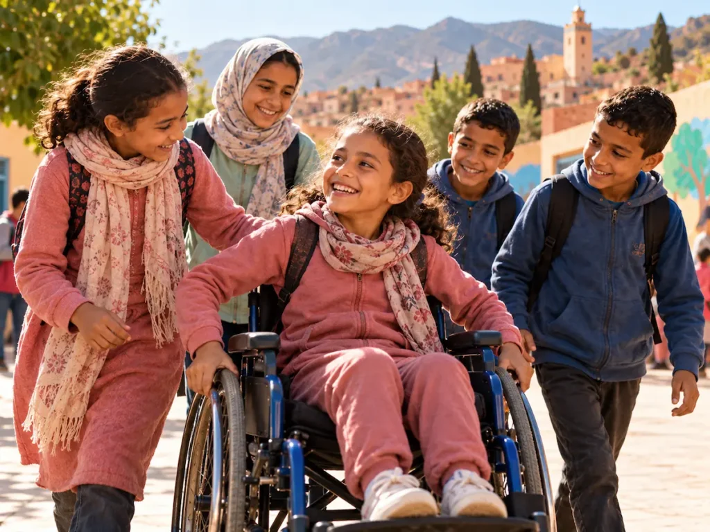 Fillette en fauteuil roulant accompagnée d’enfants et d’une adulte.